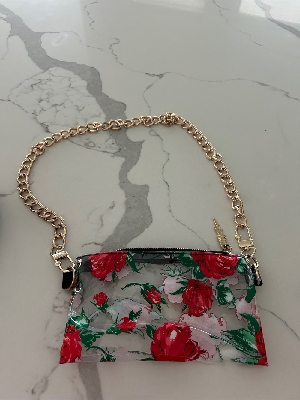 Floral Clear Clutch with Gold Chain Strap - Red Floral